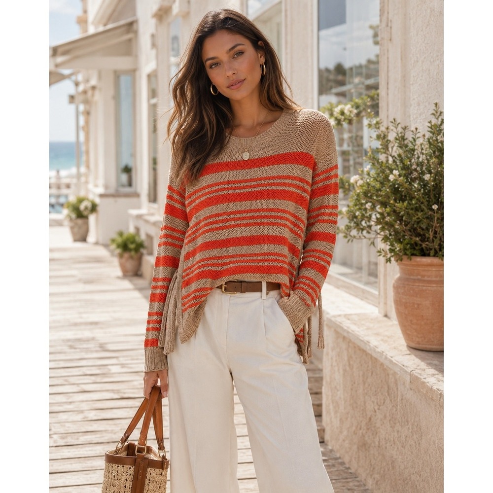 Polo Ralph Lauren Womens XS Tan Coral Stripe Open Knit Sweater Coastal Y2K